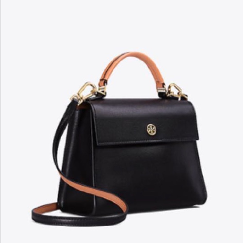 Tory Burch Black Leather Top-Handle Crossbody with Tan Strap